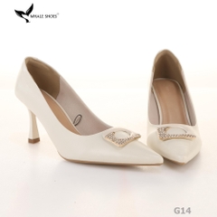 (Giảm size) Giày cao gót Whale Shoes 8cm, bít mũi, da mờ, đính khóa, lót êm, đế chống trượt-G14