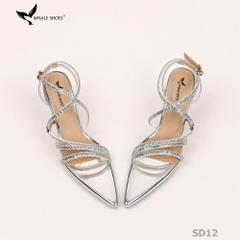 Giày hoa hậu Whale Shoes 11cm mũi nhọn da bóng, dây đính đá, đúp mũi 1cm, đế chống trượt-SD12
