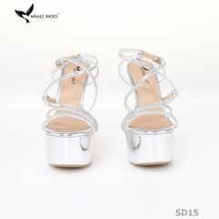 Giày Sandal hoa hậu Whale Shoes 15cm mũi tròn da bóng, dây đá sáng, đế chống trượt-SD15