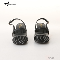 Giày cao gót nữ mũi vuông Whale Shoes 7cm, 6cm, phối lưới đính đá, gót vuông mạ vàng, đế chống trượt-SD09