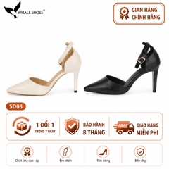 Giày cao gót Whale Shoes mũi nhọn 8cm có dây quai hậu, da mềm êm chân, đế chống trượt-SD03