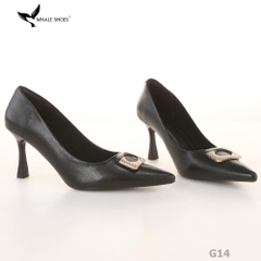 (Giảm size) Giày cao gót Whale Shoes 8cm, bít mũi, da mờ, đính khóa, lót êm, đế chống trượt-G14