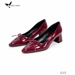 Giày Cao Gót Mũi Vuông Whaleshoes 5cm Da Bóng Đính Nơ Lót Êm Đế Chống Trơn Trượt-G15