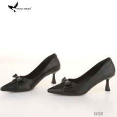 Giày cao gót bít mũi Whale Shoes 6cm, họa tiết lưới nơ, da mờ, lót êm, đế chống trượt-G08