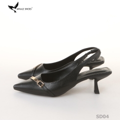 Giày Slingback Whale Shoes 5cm mũi nhọn, hậu vuông da mờ, đính khoá mạ vàng-SD04