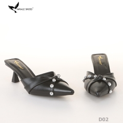 Sục cao gót nữ 6cm Whale Shoes (Tăng size) mũi nhọn cổ tim đen, đính đá, đế chống trượt-D02