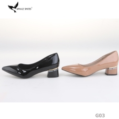 Giày cao gót nữ Whale Shoes 4cm da bóng, gót vuông mica viền vàng mũi nhọn-G03