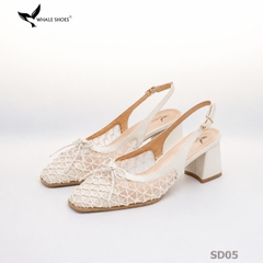 Giày slingback Whale Shoes mũi vuông da mờ phối  lưới, đính nơ, gót trụ bọc da, đế chống trượt-SD05