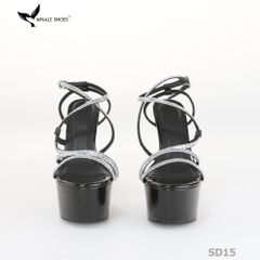 Giày Sandal hoa hậu Whale Shoes 15cm mũi tròn da bóng, dây đá sáng, đế chống trượt-SD15