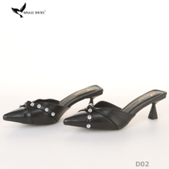 Sục cao gót nữ 6cm Whale Shoes (Tăng size) mũi nhọn cổ tim đen, đính đá, đế chống trượt-D02