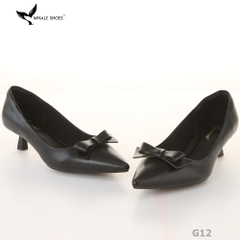 Giày Cao Gót Whale Shoes 4cm, da bóng và da mờ, mũi nhọn đính nơ, lót êm, đế chống trượt-G12