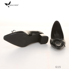 Giày Cao Gót Mũi Vuông Whaleshoes 5cm Da Bóng Đính Nơ Lót Êm Đế Chống Trơn Trượt-G15