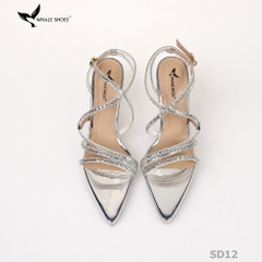 Giày hoa hậu Whale Shoes 11cm mũi nhọn da bóng, dây đính đá, đúp mũi 1cm, đế chống trượt-SD12