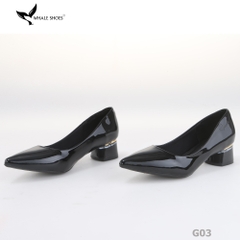 Giày cao gót nữ Whale Shoes 4cm da bóng, gót vuông mica viền vàng mũi nhọn-G03