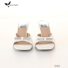 Dép (guốc) nữ Whale Shoes 6cm (tăng size) mũi vuông vân da dưa lưới, nơ đính đá, đế chống trượt-D05
