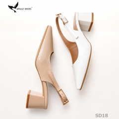 Giày Slingback Whale Shoes 5cm mũi nhọn, gót vuông bọc da, khóa cài hông-SD18