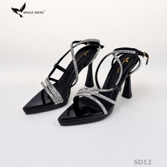 Giày hoa hậu Whale Shoes 11cm mũi nhọn da bóng, dây đính đá, đúp mũi 1cm, đế chống trượt-SD12