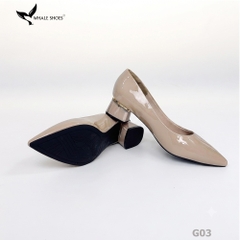 Giày cao gót nữ Whale Shoes 4cm da bóng, gót vuông mica viền vàng mũi nhọn-G03