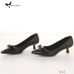 Giày Cao Gót Whale Shoes 4cm, da bóng và da mờ, mũi nhọn đính nơ, lót êm, đế chống trượt-G12
