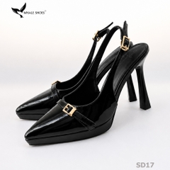 Giày Slingback Whale Shoes gót 10cm đúp mũi 1cm, khóa cài trang trí vàng Gold, đế chống trượt-SD17