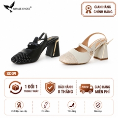 Giày cao gót nữ mũi vuông Whale Shoes 7cm, 6cm, phối lưới đính đá, gót vuông mạ vàng, đế chống trượt-SD09