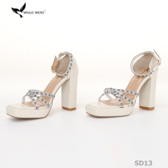 Giày Sandal nữ  Whale Shoes 10cm mũi vuông da mờ đúp mũi 3cm, dây đá, gót trụ, đế chống trượt-SD13