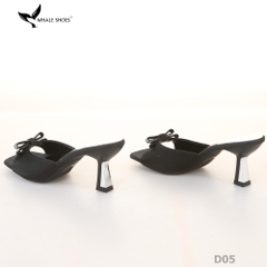 Dép (guốc) nữ Whale Shoes 6cm (tăng size) mũi vuông vân da dưa lưới, nơ đính đá, đế chống trượt-D05