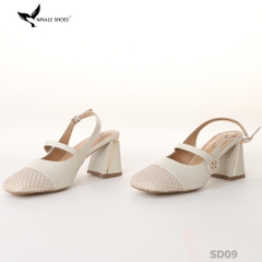 Giày cao gót nữ mũi vuông Whale Shoes 7cm, 6cm, phối lưới đính đá, gót vuông mạ vàng, đế chống trượt-SD09