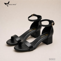 Giày Sandal nữ Whale Shoes mũi tròn gót vuông 4cm bản ngang, da mềm êm chân, đế chống trượt-SD02