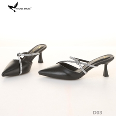 Sục cao gót nữ Whale Shoes (tăng size) 7cm mũi nhọn, cổ tim, dây đính đá, đế chống trượt-D03