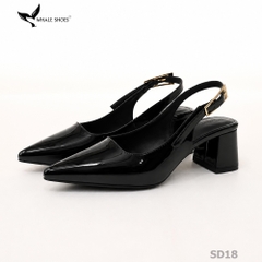 Giày Slingback Whale Shoes 5cm mũi nhọn, gót vuông bọc da, khóa cài hông-SD18