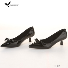 Giày Cao Gót Whale Shoes 4cm, da bóng và da mờ, mũi nhọn đính nơ, lót êm, đế chống trượt-G12