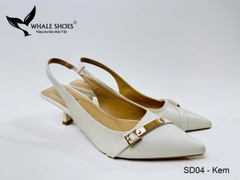 Whale Shoes SD04 – Giày Slingback 5cm mũi nhọn, hậu vuông da mờ, đính khoá mạ vàng sang trọng