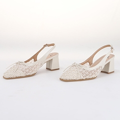 Whale Shoes SD05 – Giày slingback mũi vuông da mờ phối  lưới, đính nơ, gót trụ bọc da, đế chống trơn trượt