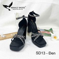 Whale Shoes SD13 – Sandal nữ 10cm mũi vuông da mờ đúp mũi 3cm, dây đá sáng, gót trụ vững, đế chống trơn trượt