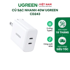 Củ sạc nhanh UGREEN 10342 Sạc nhanh 40W 2 cổng Type C Chân cắm tròn EU - Hàng chính hãng - Chân cắm dẹt