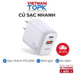Củ sạc nhanh B210P Sạc nhanh PD QC 3.0 20W1 - 1 Cổng USB 2.0 + 1 Cổng Type C - Hãng chính hãng - Bảo hành 12 tháng