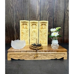 Combo Liên Hoa Tâm Phật gồm đôn gỗ me tây, Bộ tượng Đông Phương Tam Thánh 15cm, gỗ Maple