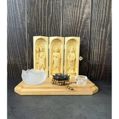 Combo Liên Hoa Tâm Phật gồm đôn gỗ Beech, Bộ tượng  Địa Tạng cao 15cm, gỗ Bồ đề