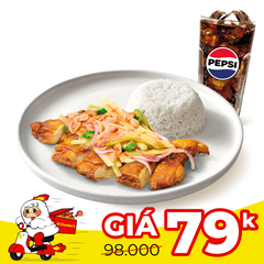 Rice with grilled chicken spicy mango salad + Pepsi