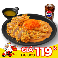 Spaghetti crispy chicken Chester's crab sauce + Pepsi