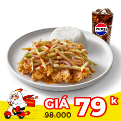 Rice with crispy chicken spicy mango salad + Pepsi
