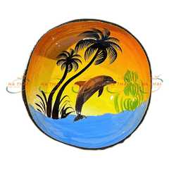 Coconut Shell Bowl With Gorgeous Sunset and Dolphins (CB075)