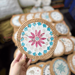 Red Floral Mother-of-Pearl Coaster with Blue Border (MPC11)