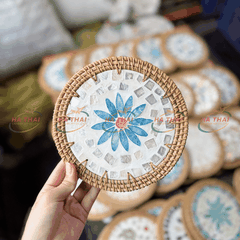 Mother of Pearl Coaster with Blue Floral Pattern and White Square Border