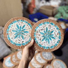 Large Coaster with Blue Mother-of-Petal and Multi-Petal Flower Inlay (MPC03)