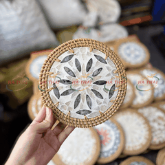 Trendy Large Mother-of-Pearl Coaster with Black Flowers and Gold Stamens