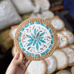 Large Coaster with Mother of Pearl Inlay and Blue Flowers and Blue Border