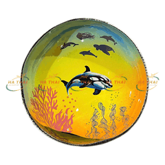 Lacquered Coconut Shell Bowl Ocean Scene with Sunset and Dolphins (CB070)