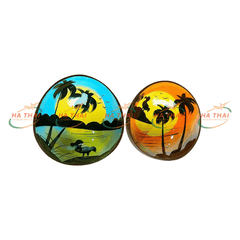 Custom lacquered coconut bowl sunset scene (CB045)